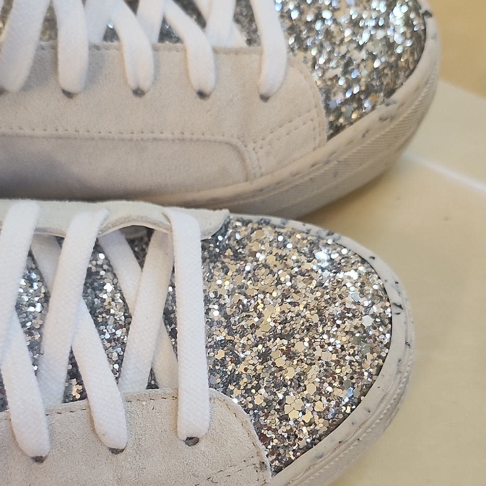 P448 Women's White Suede Sneakers with Silver Glitter Toe & Heel - Picture 7 of 8